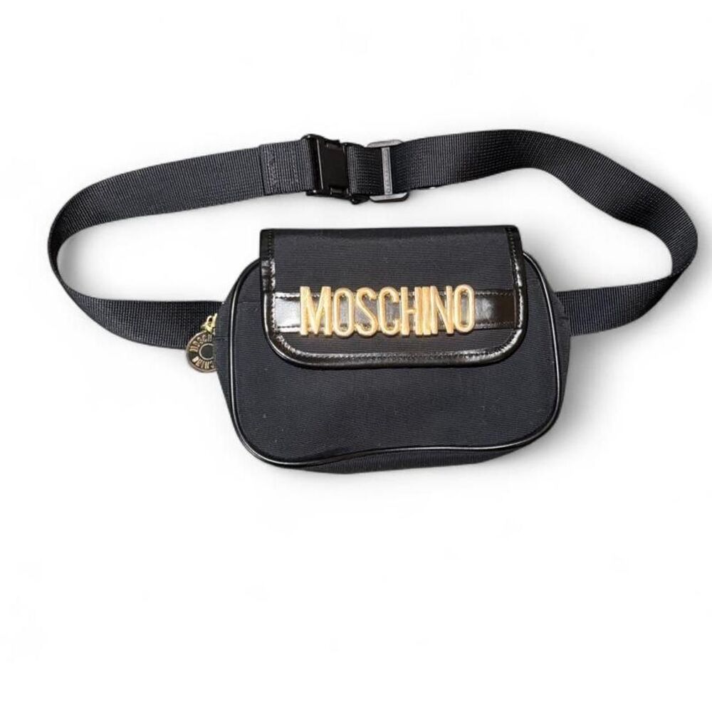 Vintage Moschino Black Nylon Belt Bag Fanny Pack Waist Gold Logo Maruem Japan